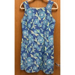 Lilly Pulitzer White Label Blue Floral Dragonfly Sunflower Linen Shift Dress 8